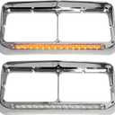 Grandroad auto Headlight Bezels Chrome w/Visor 12" LED Light Strip Replacement for 4x6 Lights Kenworth T400 T600 T800 W900B W900L Peterbilt 378 379 Western Star 4900 Freightliner, White Light