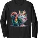 Cat Men Women Colourful Watercolour Cat Long Sleeve T-Shirt size L