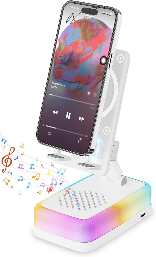 Wireless Induction Bluetooth Speaker with 360 Rotating Phone Stand, 3000mAh Large Battery, 5 in 1 Portable Cell Phone Holder with RGB Light & Emergency Charger, Tech Gifts for Men Women, (White)