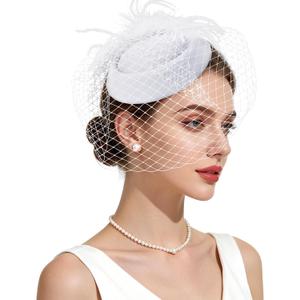 Fascinator Hat Veil Feather Fascinator Tea Party Bridal Wedding Veil Retro Hat Pillbox Hat (White)