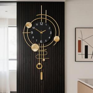 Wall Clock,Silent Quartz Movement Battery Operated with Pendulum,Oversized Metal Modern Large Wall Clocks for Living Room Bedroom Farmhouse Office Kitchen Home Wall Decor-15.3x31.1Inch(Golden Black)