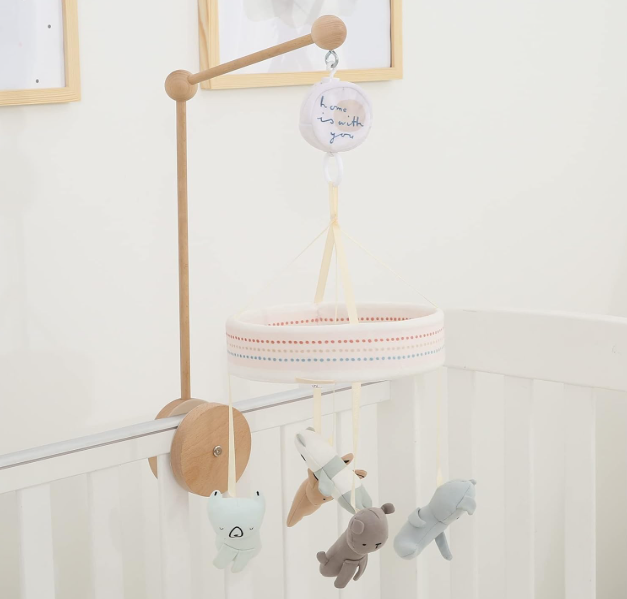Baby Crib Mobile Musical Nursery Mobiles for Bassinet with Wooden Holder, Animal Toys Crib Mobile with Music for Baby, White