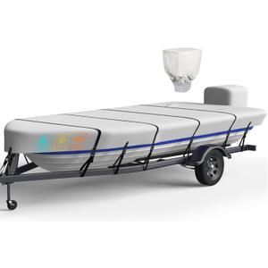 Heavy Duty 5 Layers 1200D Jon Boat Cover 12ft - 14 ft with Motor Cover, 100% Waterproof Trailerable Jon Boat Covers 12-14 Foot with 9+4 Pcs Windproof Straps (12'-14' Long, Beam Width to 70", gray)