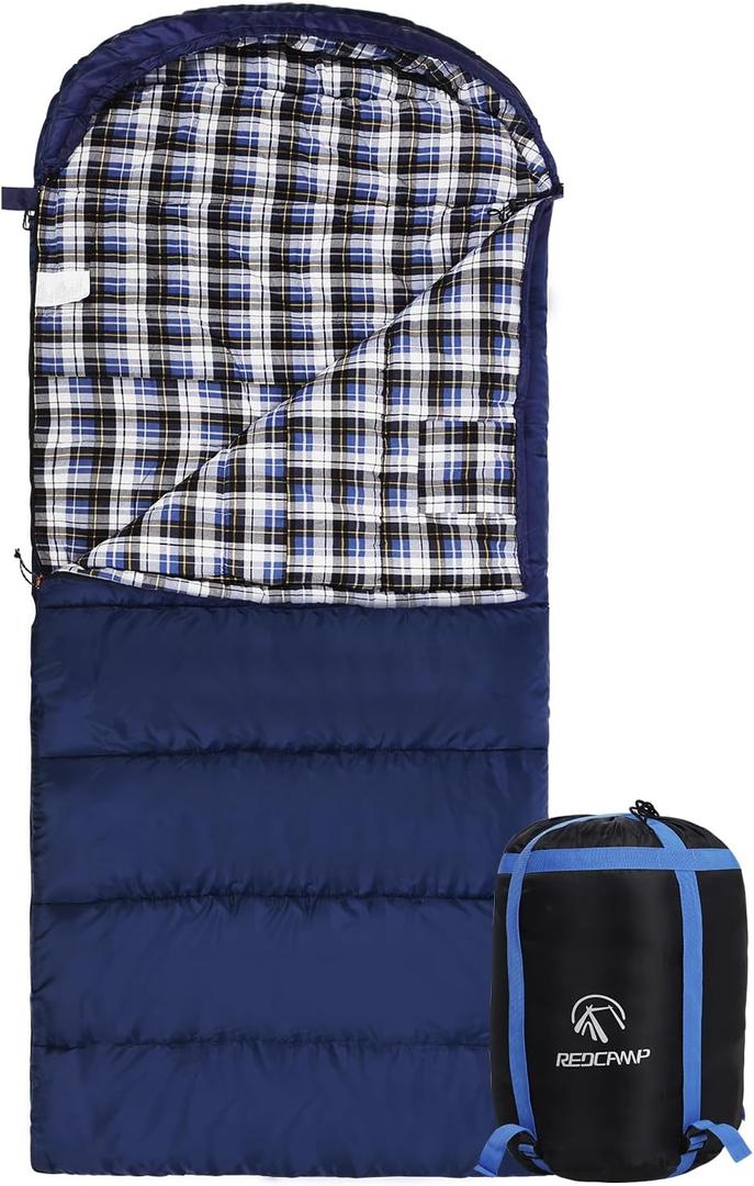 REDCAMP Flannel Sleeping Bag for Adults, Comfortable Cotton Envelope Sleeping Bags for Camping, Backpacking, Hiking, with Detachable Hood&Compression Sack, Blue/Red/Grey/Black, 2lbs Filling