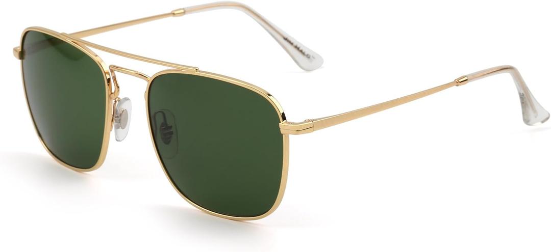 JIM HALO Retro Square Aviator Sunglasses Premium Glass Lens Flat Metal Eyewear Men Women (Gold Frame / Green Lens)