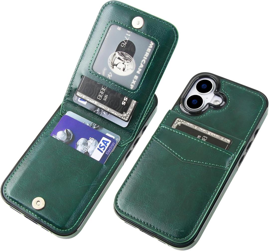 KIHUWEY Compatible with iPhone 17 Case Wallet with Credit Card Holder, Flip Premium Leather Magnetic Clasp Kickstand Heavy Duty Protective Cover for iPhone 17 6.3 Inch (Dark Green)