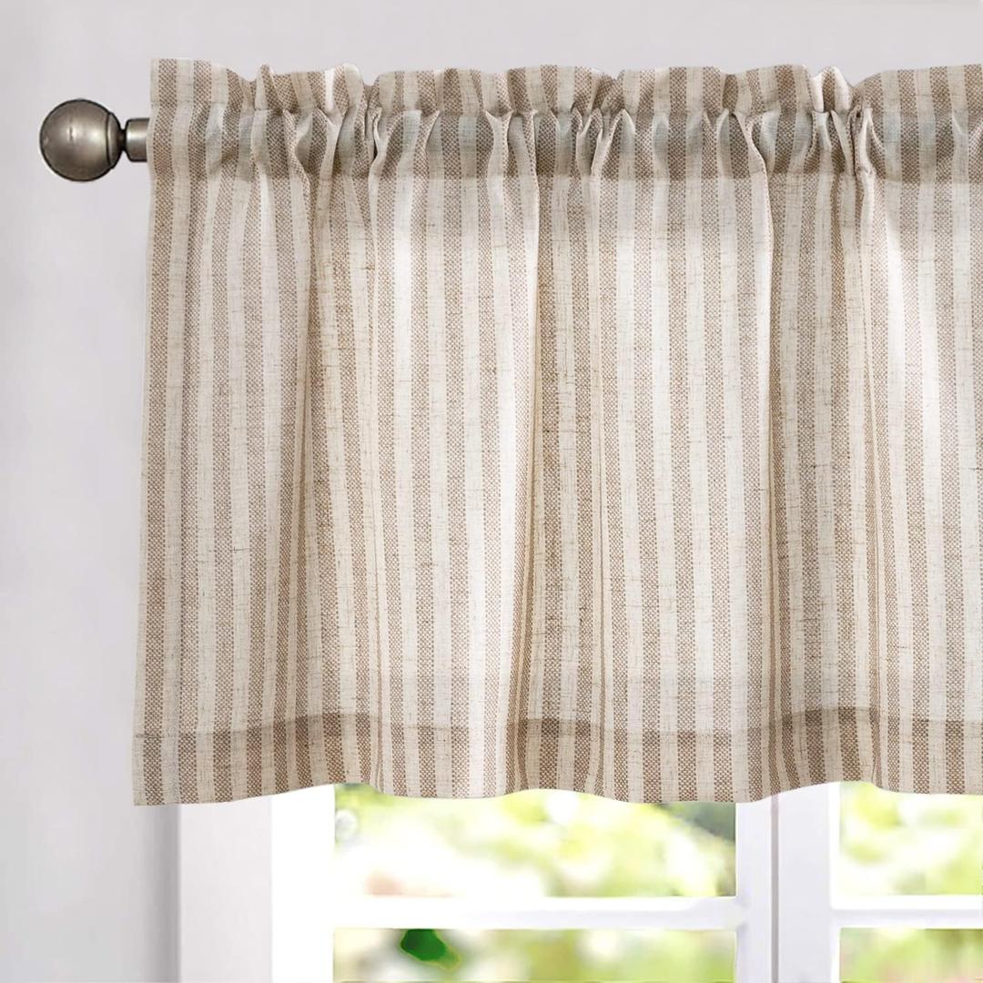 jinchan Valance Curtain Linen Textured Striped Window Curtain for Living Room Light Filtering Ticking Stripe Farmhouse Valance for Kitchen Rod Pocket 1 Panel 16 Inch Tan on Linen 1 Panel