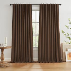 Brown Blackout Pleated Look Curtains 96 Inches Long 8 ft Length for Patio Sliding Door Living Room, 100% Light Blocking Linen Textured Curtains 72 Wide 2 PCs Back Tab Rod Pocket Hook Belt