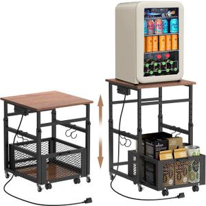 Mini Fridge Stand with Storage, Height Adjustable Small Refrigerator Stand with Wheels, Charging Station, Sturdy End Table for Microwave Oven Printer, Organizer Shelf for Dorm, Apartment, Kitchen Home