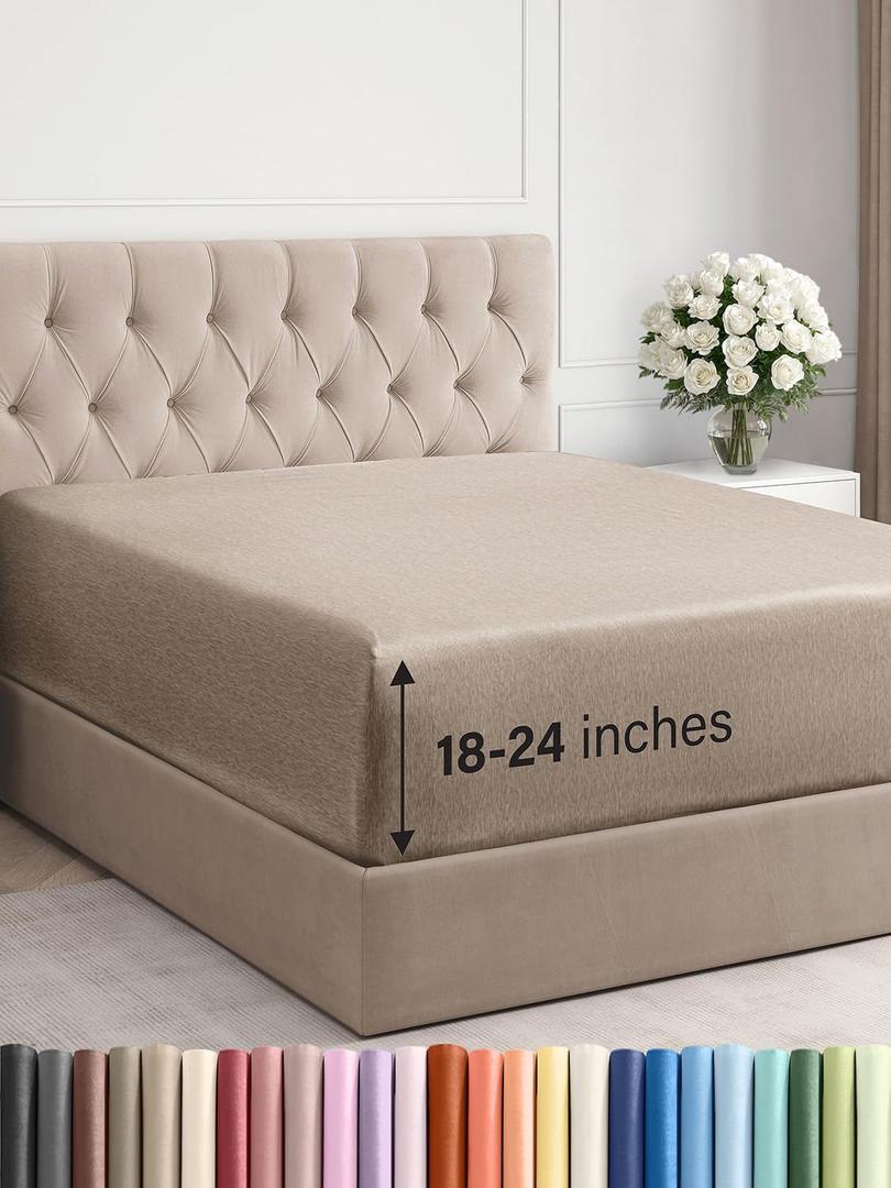 Extra Deep Cal King Fitted Sheet - Hotel Luxury Single Fitted Sheet Only - Easily Fits 18 to 24 inch Mattress - Ultra Soft, Wrinkle Free with Extra Deep Pockets - Breathable & Comfy - Heathered Beige