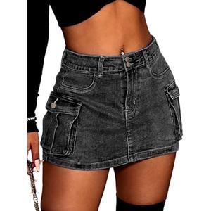 ELLEVEN High Stretchy Denim Cargo Skort for Women, High Waist, Casual Mini Y2K Jean Skirt Shorts with Pockets Size XL