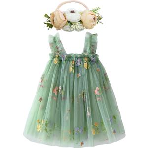 BGFKS Layered Tulle Tutu Dress for Toddler Girls, Baby Girl Rainbow Tutu Princess Skirt Set with Flower Headband.(Flower Green, 3T)