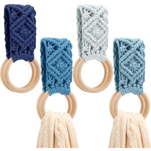 Tioncy 4 Pcs Kitchen Dish Towel Holder Gifts for Mother Boho Handmade Crochet Hanging Towels Loop Ring Knit Towel Hanger for Cabinet House Oven Stove Door, 4 Colors(Blue)