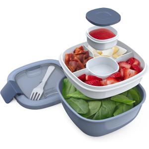 Bentgo Salad Container - 54 oz Bowl with 4-Compartment Toppings Tray, Leak-Proof Dressing Container, Reusable Fork, BPA-Free Lunch Box for Meal Prep & Food Storage; Removable Bento Tray (Slate)