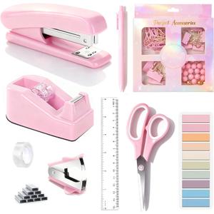 Pink Desk Accessories, Pink Office Supplies Accessories with Tape Dispenser, Stapler, Staple Remover, 1000 Staples, Tape, Clips Set, Ruler, Scissor, Pen