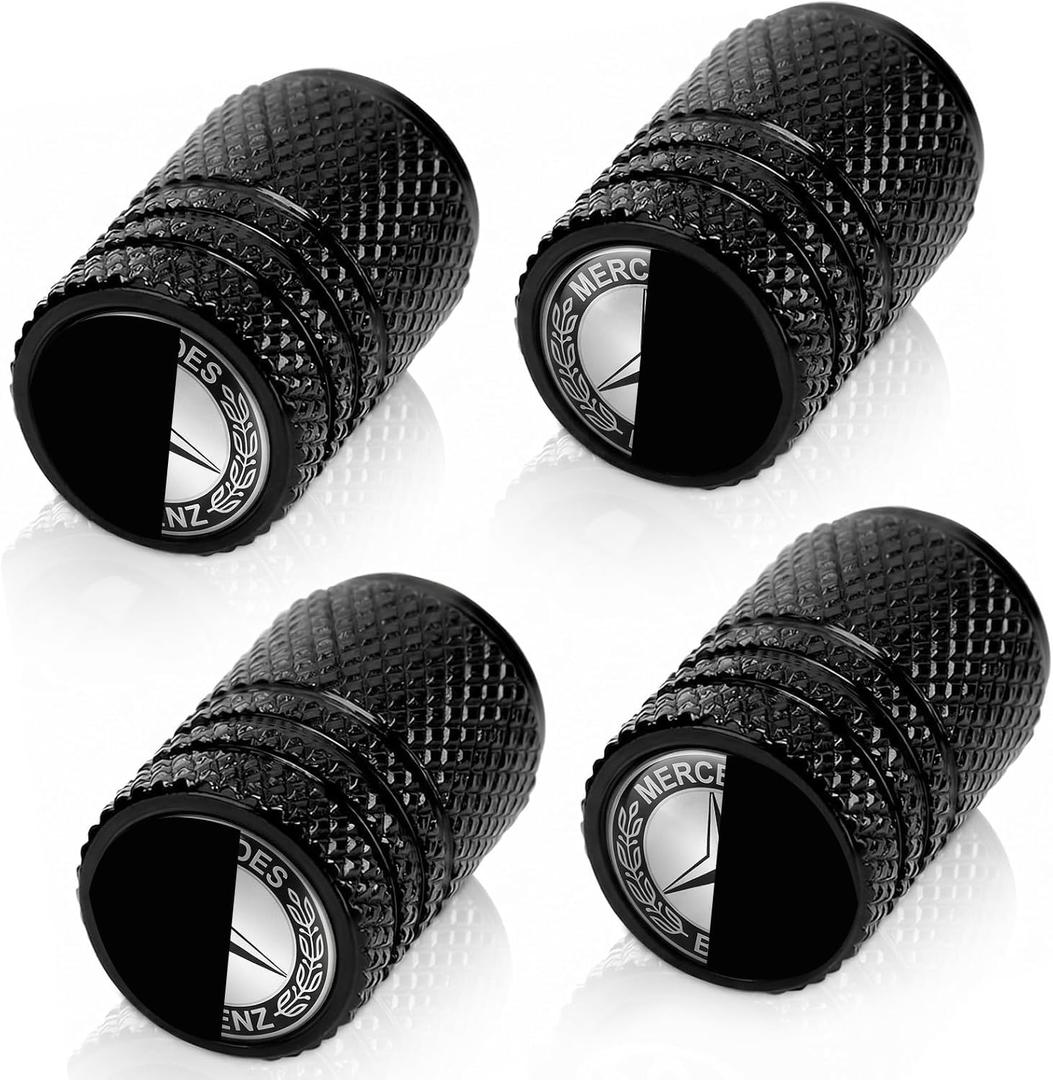 Tire Valve Stem Caps Compatible with Mercedes Benz Accessories - 4 Pack Aluminum Alloy Air Valve Covers for Mercedes C E S Class GLK CLA GLA GLC GLE CLS SLK AMG Series - Leak-Proof with O-Ring Seal