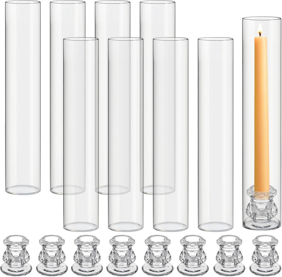 Teenyyou 8 Set Glass Hurricane Candle Holders 12.6" Open Ended Glass Candleholder Tube Shape Bottomless and 2.2" Taper Clear Candlestick Holders for Valentine's Day Wedding Table Centerpiece (Clear)