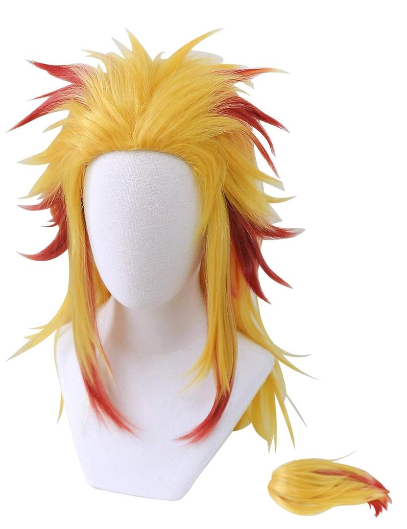 Cosrea Anime Cosplay Wig with Ponytail Yellow Red Costume Wigs for Halloween Women Men (Rengoku Shinjurou)
