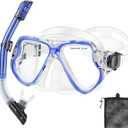 Snorkeling Gear for Kids, Dry Snorkeling Set, Panoramic Anti-Leak and Anti-Fog Tempered Glass Lens, Adjustable Strap Snorkel Set with Mesh Bag Ear Plug for (Adults, Blue+Transparent)