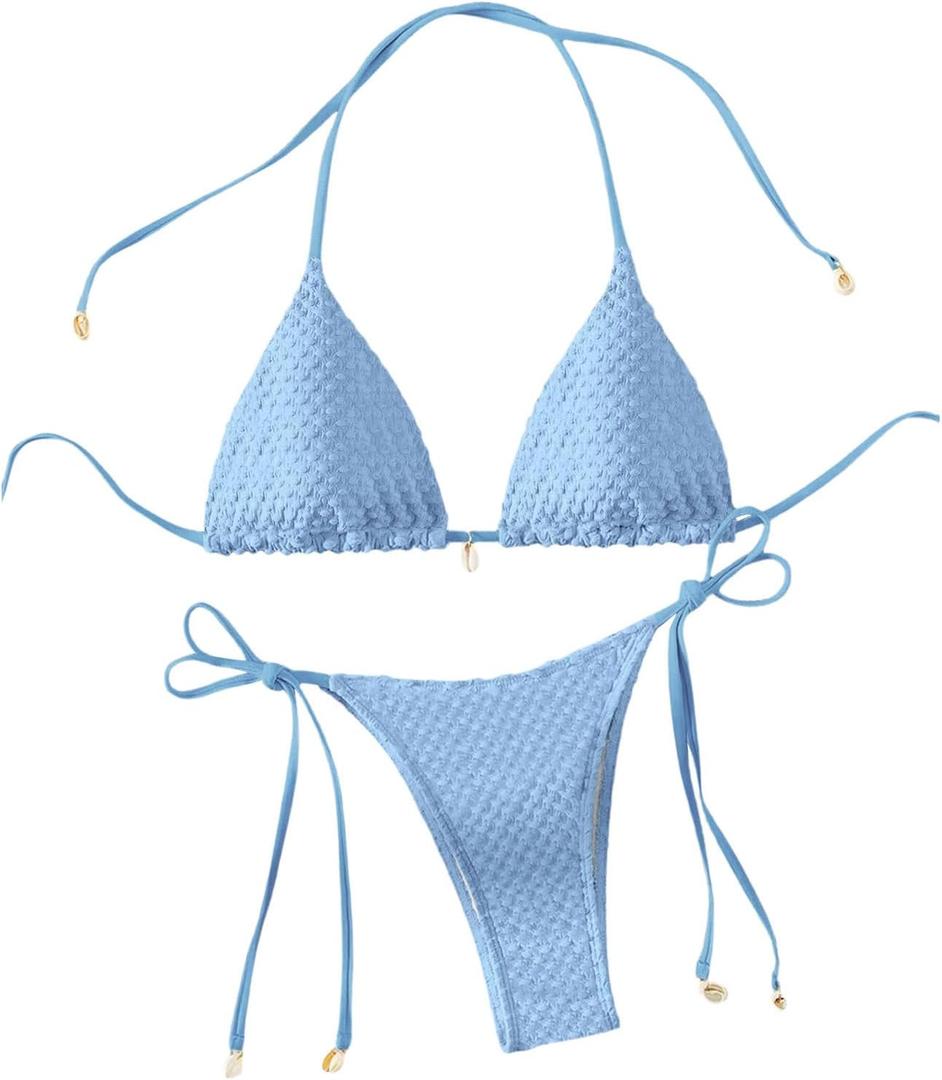 SHENHE Women's 2 Piece Halter Swimsuit Textured Tie Side Triangle Bikini Bathing Suit, S