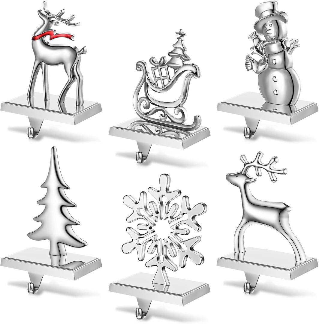 Jetec Set of 6 Christmas Stocking Holders for Mantle Silver Metal Snowflake Snowman Santa Reindeer Christmas Hooks Hangers for Mantel Fireplace Xmas Party and Home Decoration(Santa Claus)