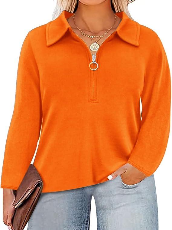 Women's Plus Size Tunic Tops 1/4 Zipper Lapel V Neck T Shirts Long Sleeve Solid Color Fashion Sweatshirts, Size XL