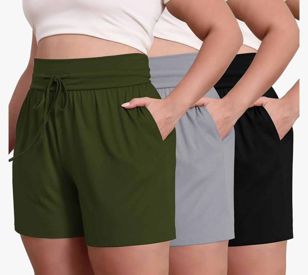 Neer 3 Pack Women's Plus Size Sweat Shorts, Drawstring Lounge Shorts Casual Summer Lightweight Soft Shorts with Pockets M