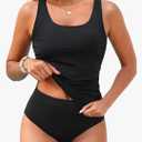 Women Tummy Control Tankini Swimsuits - Two Piece Bathing Suit Ruched Top with High Waisted Bottom 2025 Swimwear, Black, L