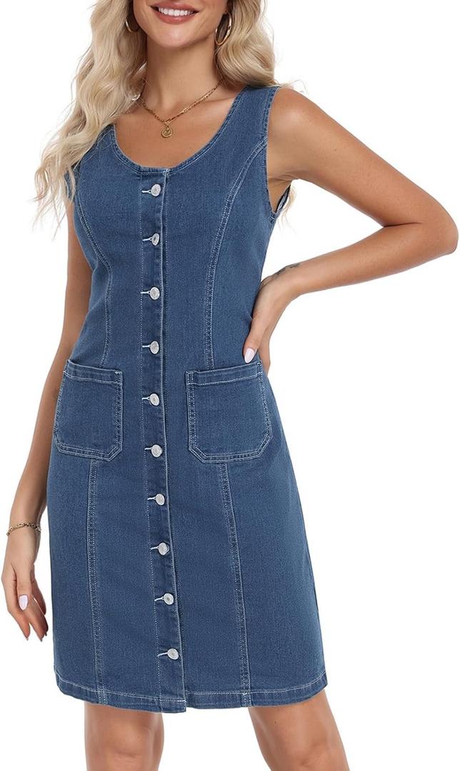 Women's Denim Dress Sleeveless Stretchy Crewneck Vintage Button Down Jean Dresses with Patch Pocket (Large, Blue)
