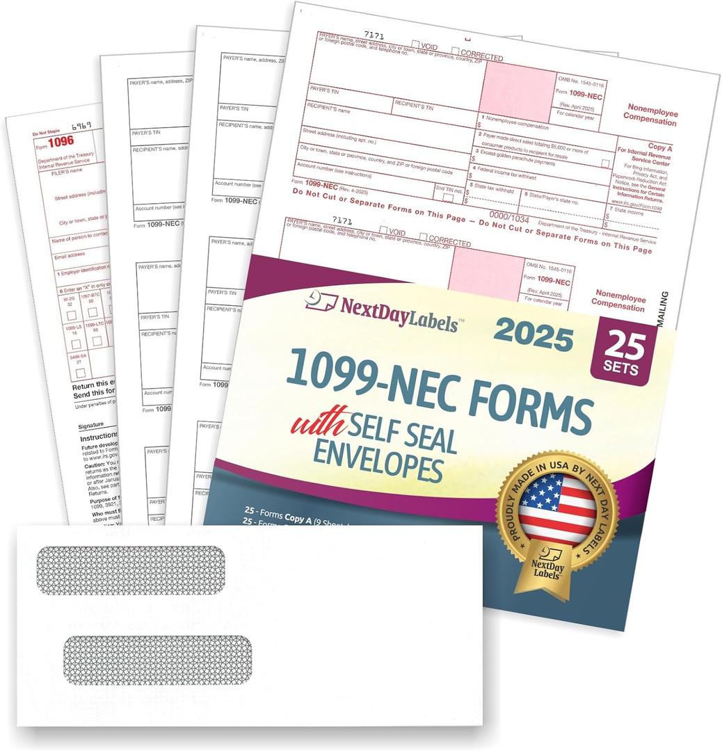NextDayLabels 1099-NEC Forms for 2025, 4-Part Tax Forms, Kit of 25 Laser Forms, 3 1096 and 25 Self-Seal Envelopes, Designed for QuickBooks and Other Accounting Software