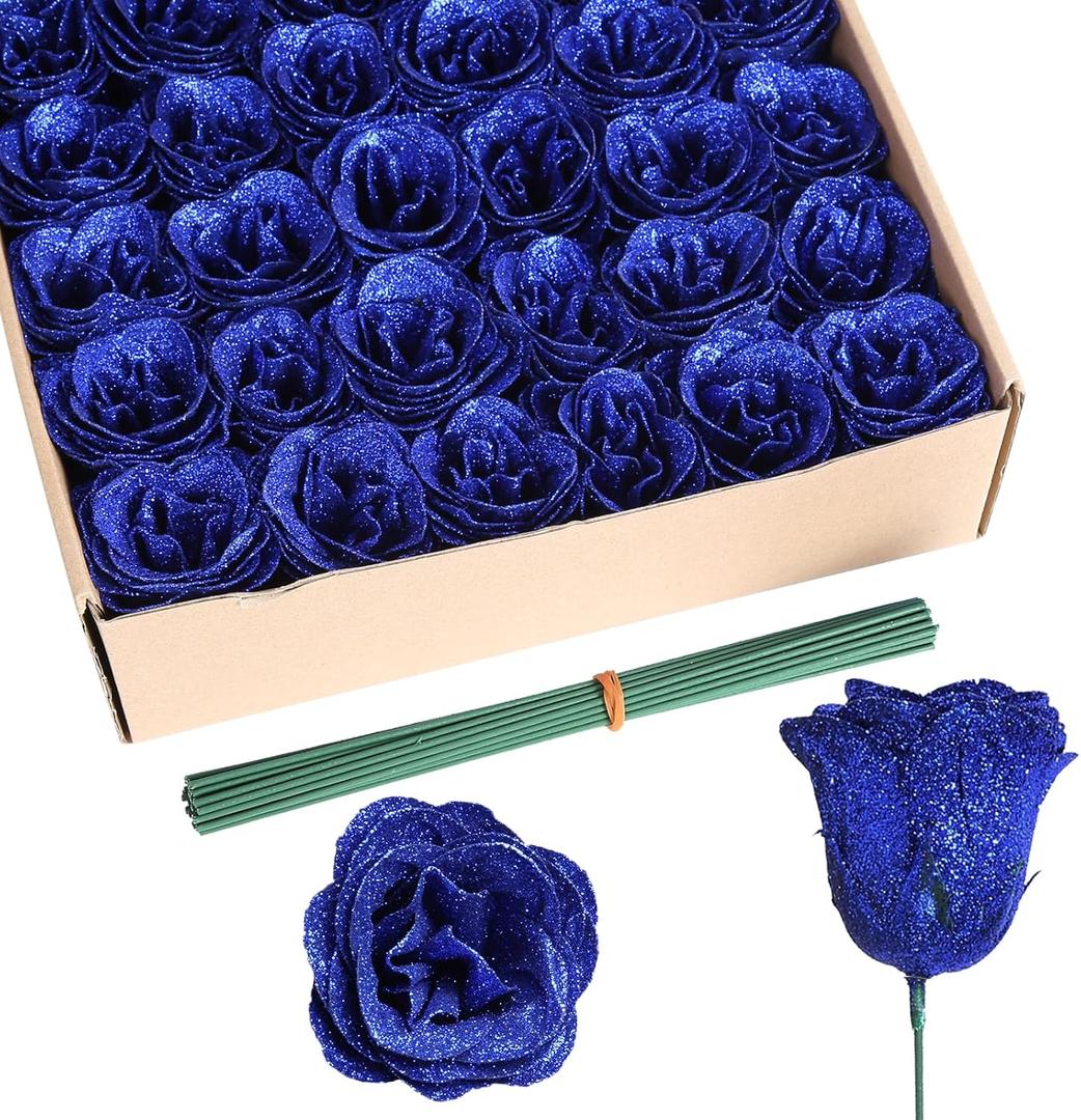 Glitter Roses,30PCS Royal Blue Flowers Artificial Roses with Stems for Wedding Bouquet Party Christmas Home Decor(Royal Blue)