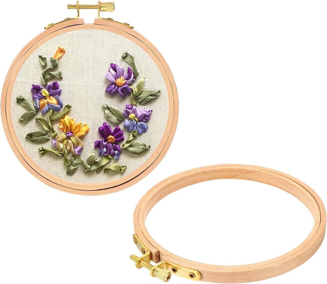 PATIKIL 2 Pieces 5 Inch Embroidery Hoops Round Adjustable Beach Wood Circle Cross Stitch Hoop Ring Bulk for Embroidery Art Craft Handy Sewing Decoration