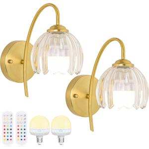 Vintage Battery Wall Sconce with Flower lampshade,Rechargeable Battery Powered Wall Lights,Wall lamp with 15 Colors for Bedroom Living Room Home Decor (milky white Tulip, 1 Light Battery Operated), 1 Pack