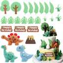 25PCS Dinosaur Cake Topper, Leaves Trees Cake Decorations Birthday Cake for Dinosaur, Jungle Safari Themed Birthday Decorations Supplies