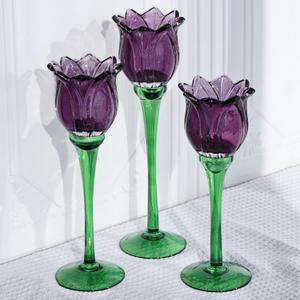 VOHO Purple Tulip Tealight Candle Holder Set of 3, Glass, Purple, Floral, Holidays, Wedding, Romance, Easter, Halloween, Thanksgiving, Christmas, Anniversary & Engagement, Tabletop, 3.15'' x 10.83''