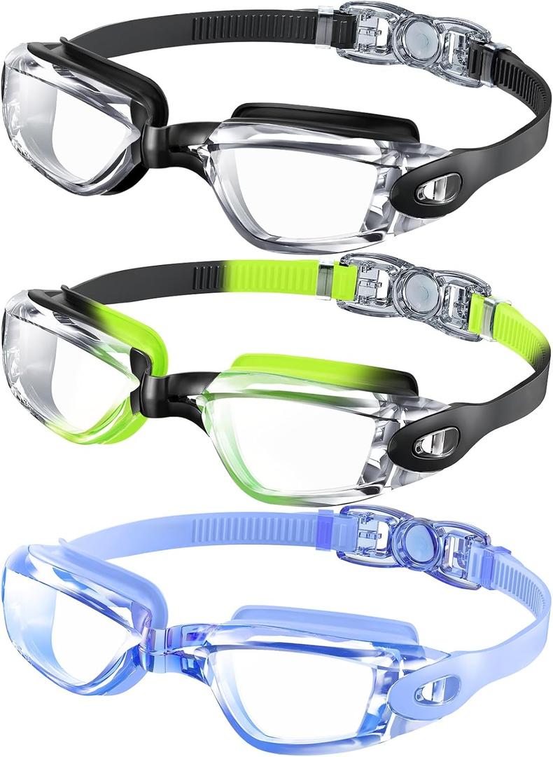 Kids Swim Goggles, Pack of 3 Swimming Goggles for Children Teens, Anti-Fog Anti-UV Youth Swim Glasses for Age 4-16 (Black/Dark Blue/Black Green)
