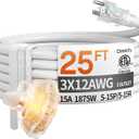 25 ft 12 Gauge Heavy Duty 3 Outlet Extension Cord Splitter with Indicator, Waterproof Outdoor Extension Cord with Multiple Outlets, 15A 1875W for Small Appliances, ETL Listed, White SJTW