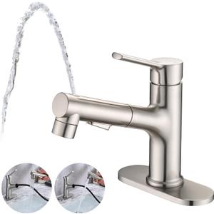 Bathroom Sink Faucet with Pull Out Sprayer, Single Handle Modern Bathroom Basin Faucet with Pop-up Sink Drain Stopper & Deck Plate 1 or 4-inch Centerset 3 Hole, Brushed Nickel