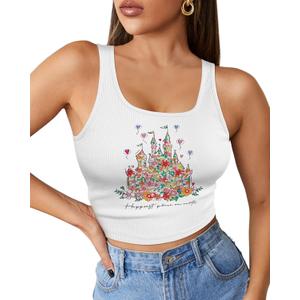 Flafens Crop Tops for Women Summer Tank Tops - Cute Ribbed U Neck Graphic Sleeveless T Shirts Yoga Gym Short Tanktops (White, S)