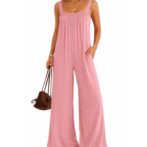 KIRUNDO Summer One Piece Jumpsuits For Women 2025 Casual Loose Button Sleeveless Romper Knit Wide Leg Overalls With Pockets(Pink, XL)