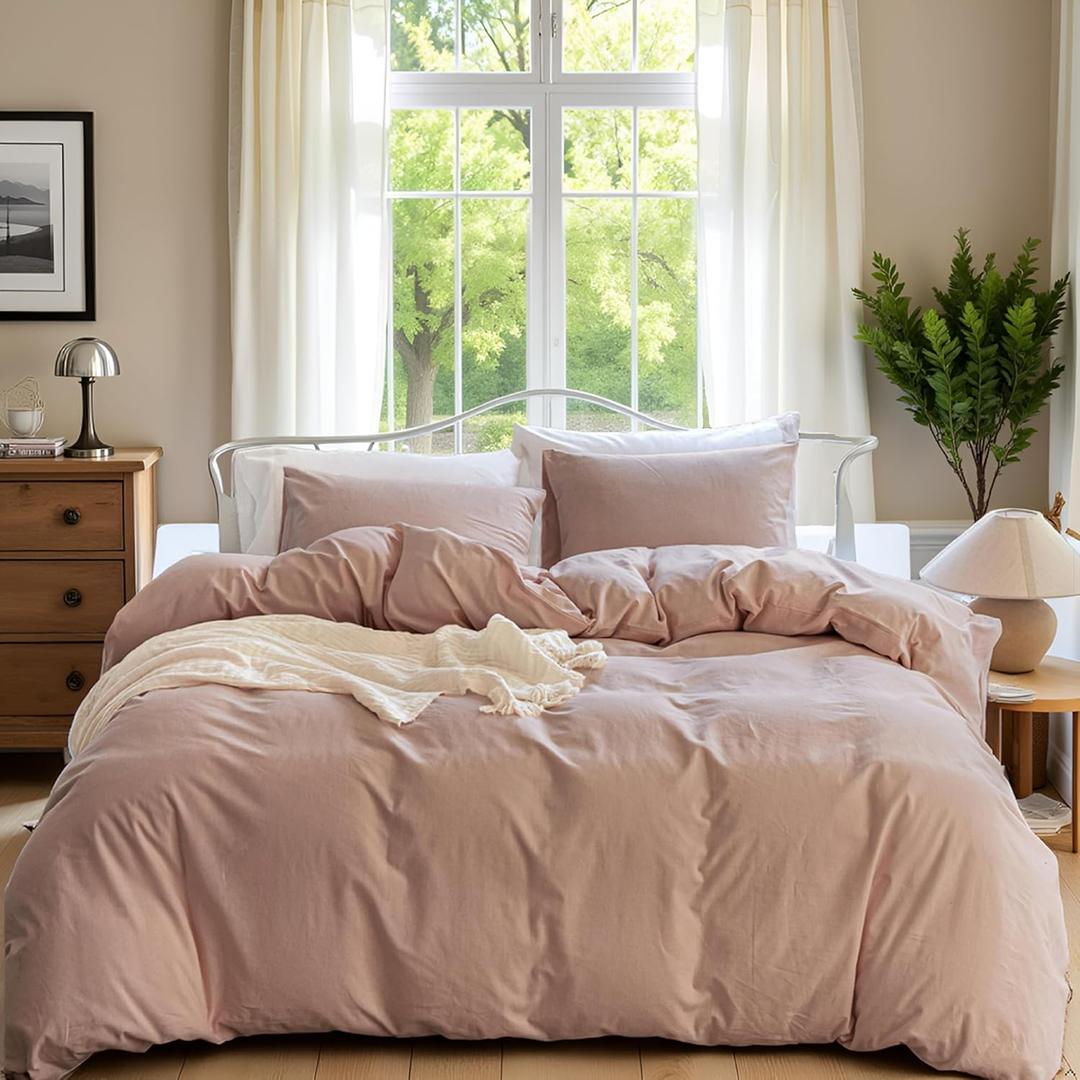 Linen Duvet Cover Set Queen Size - Linen Cotton Blend Natural Flax Bedding Set 3 Pieces, 1 Duvet Cover and 2 Pillowcase, Soft and Breathable for Hot Sleepers, Clay