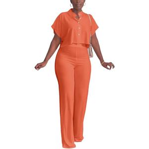HBQ Women's Summer 2 Piece Outfits Casual Tracksuit Short Sleeve Button Down Crop Top Wide Leg Long Pant Lounge SetsLOrange.L HBQ Women's Summer 2 Piece Outfits Casual Tracksuit Short Sleeve Button Down Crop Top Wide Leg Long Pant Lounge SetsLOrange.L