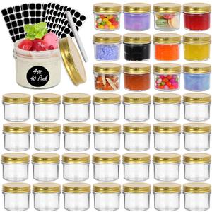 EkkoVla 40 Pack 4 oz Glass Jars with Golden Lids, Regular Mouth Mini Mason Jar, Canning Jars for Honey, Jam, Jelly, Wedding Favor, Shower Favor, Body Butters, Spice
