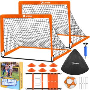 Kids Soccer Goals for Backyard Set- 2 of 6X4/ 4X3 ft Toddler Soccer Goal Training Equipment with Soccer Ball, Ladder, Pop Up Soccer Net for Kids Age 3-5 4-6 6-8 8-12 10-12 Outdoor Games Sports Gift (Orange two soccer goals)
