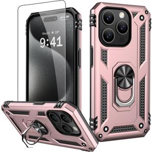 2 x IKAZZ for iPhone 15 Pro Max Case 6.7 Inch with Screen Protector,Military Grade Shockproof Heavy Duty Protective Phone Cover Pass 16ft Drop Test with Magnetic Kickstand Car Mount Holder,Rose Gold