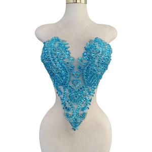 Zbroh Handmade Bodice Rhinestones Applique Sewing Glass Beads Stones Crystal Trim Lace Patches for Dress Clothing Accessories 13X18inches (Sky Blue)
