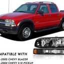Headlights Assembly Compatible with 1998-2004 Chevrolet S10 Pickup,98-05 Chevy Blazer Halogen Headlamp w/Bumper Lights, Black Housing Amber Corner