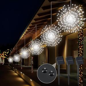 3 Set Christmas Solar Firework Lights Outdoor 120 LED 8 Modes Waterproof LED Hanging Fairy Lights for Christmas Garden Patio Yard Holiday Decoration(White,Double Style)