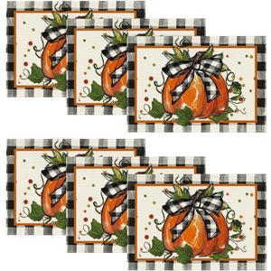 Artoid Mode Pumpkin Buffalo Plaid Fall Placemats Set of 6, 12x18 Inch Seasonal Autumn Table Mats for Table Runner Home Party Dining Decoration (Black/Orange)