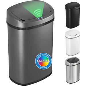 iTouchless 13 Gallon Oval Smart Bin with Odor Filter, 50L Touchless Stainless Steel Kitchen Trash Can, Automatic Motion Lid, Fingerprint-Proof, Executive Dark Metallic Finish, Gunmetal Gray